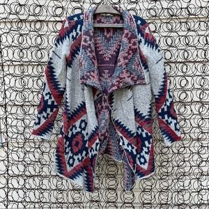 RD Style Gray Red Aztec Southwestern Blanket Open Front Cardigan Kimono Sweater